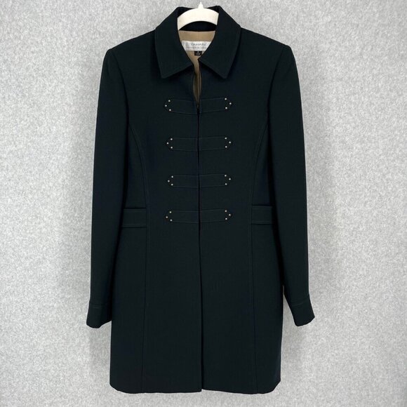 Tahari Womens Long Military Style Overcoat Size 4 Black Dark Blue Classic Chic - Picture 1 of 13